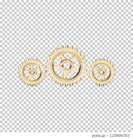 Three interconnected golden gears transparency background symbolize teamwork and mechanical precision. shiny metallic finish highlights their industrial design, evoking sense of efficiency 128906703