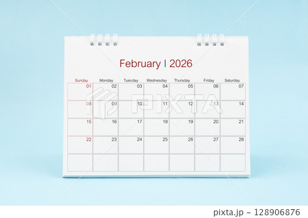 February 2026, Monthly desk calendar for 2026 year on Blue color background. February 2026, Monthly desk calendar for 2026 year on Blue color background. 128906876