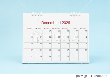 December 2026, Monthly desk calendar for 2026 year on Blue color background. 128906886