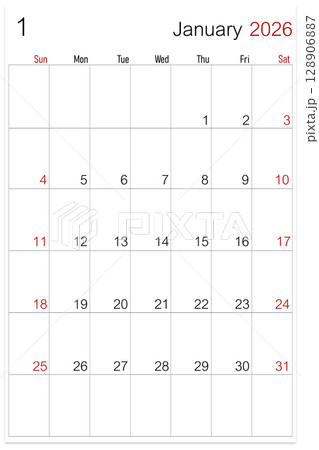 January 2026, calendar page isolated on white background, save clipping path. January 2026, calendar page isolated on white background, save clipping path. 128906887