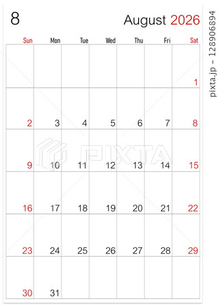 August 2026, calendar page isolated on white background, save clipping path. August 2026, calendar page isolated on white background, save clipping path. 128906894