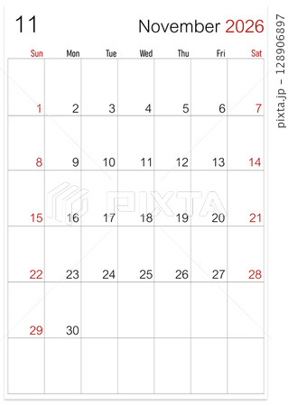 November 2026, calendar page isolated on white background, save clipping path. November 2026, calendar page isolated on white background, save clipping path. 128906897