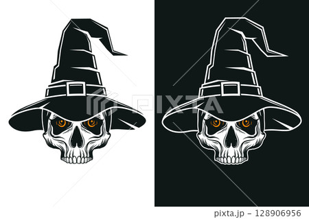 Halloween Skull in in wizard hat. Vector. For holiday Halloween design, shirt, logo, badge, decorations, cards, banner with skull silhouette. Black and White. 128906956