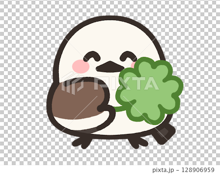 Illustration material of a long-tailed tit holding a four-leaf clover 128906959