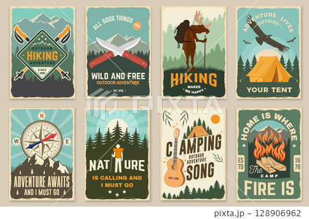 Outdoor adventure flyer, poster, banner design. Vector. Concept for shirt or logo, print, stamp or tee. Vintage typography design with trekking sticks, hiking moose, compass. Outdoor adventure flyer, poster, banner design. Vector. Concept for shirt or logo, print, stamp or tee. Vintage typography design with trekking sticks, hiking moose, compass. 128906962