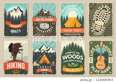Set of camping poster, banner, flyer. Vector illustration. Concept for shirt or logo, print, stamp or tee. Vintage typography design with guitar, camping tent, mountain and forest. 128906963