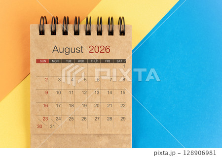 August 2026 brown color mini calendar on colorful background. August 2026 brown color mini calendar on colorful background. 128906981