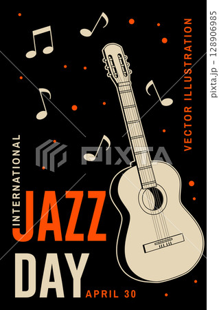 Jazz Day. Poster background template for music festival. Classical wooden guitar event flyer design. April 30. International Jazz Day Celebration. Vector illustration. 128906985