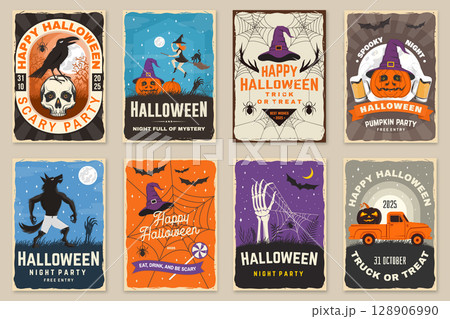 Set of Halloween celebration flyer, poster, banner collection. Halloween party retro templates, invitation poster, seals, patches. Concept for shirt or logo, print, stamp. Typography design- vector. 128906990