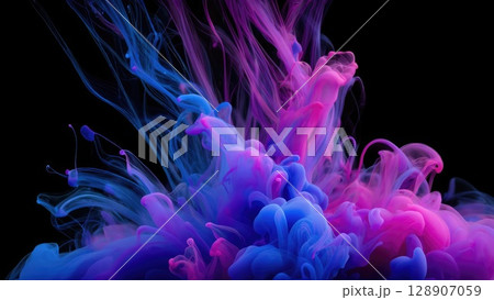 Ink-like colorful cloud in water, flowing and mixing in a dreamy splash of pink, blue, and purple. Generative AI. 128907059