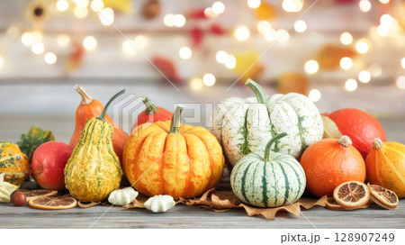 Colorful pumpkins on wooden table with garland lights on background 128907249