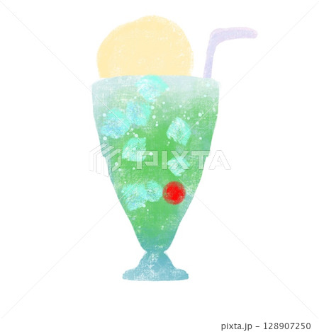 ミニマルなメロンソーダのイラスト（クリームソーダ・チェリー付き） 128907250