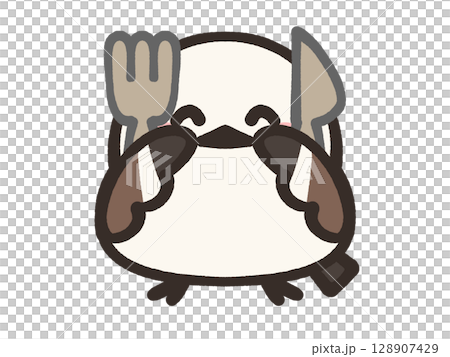 Illustration material of a loose long-tailed tit holding a knife and fork 128907429