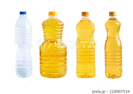 Vegetable oil  and water in bottle isolated on white background. 128907534