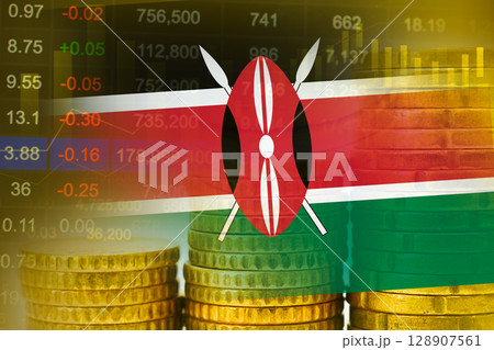 Kenya flag on stock investment trading with coin and graph. Kenya flag on stock investment trading with coin and graph. 128907561