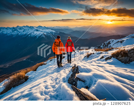 Couple of young man and woman standing on snow covered ridge of rock mountain faced to the snow capped mountain range in the evening sunset in the winter season. 128907625