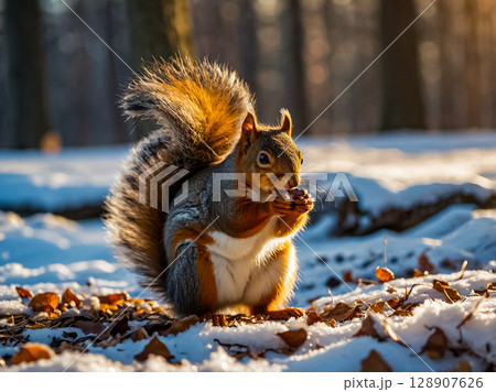 Cute fluffy red squirrel sitting on the snowy ground eats a nut in winter with nice blurred forest in the background in the morning sunrise. 128907626