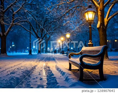 Winter scene of  Illuminated city park at night with an empty bench and lantern on snowy ground. 128907641