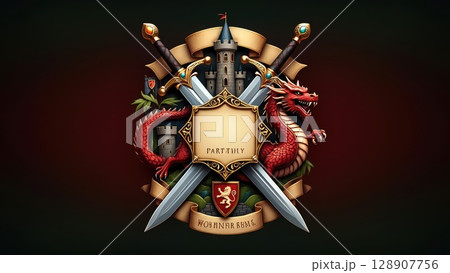 Fantasy emblem with crossed swords, shield, snake, and rose. Rich dark background emphasizes the medieval theme, perfect for games or guilds. Generative AI. 128907756