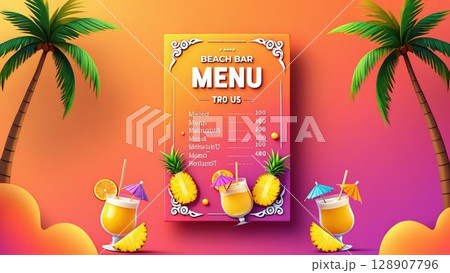 Tropical restaurant menu design with palm trees, cocktail glasses, and bright sunset background. Summer-themed layout perfect for beach bars or vacation promotions. Generative AI. Tropical restaurant menu design with palm trees, cocktail glasses, and bright sunset background. Summer-themed layout perfect for beach bars or vacation promotions. Generative AI. 128907796