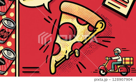 Playful pizza delivery concept with a cartoon slice of pizza on a scooter, set against a bold red background. Generative AI. 128907904