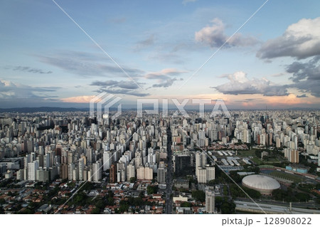 Vast cityscape showing the skyline of Sao Paulo, Brazil during sunset 128908022