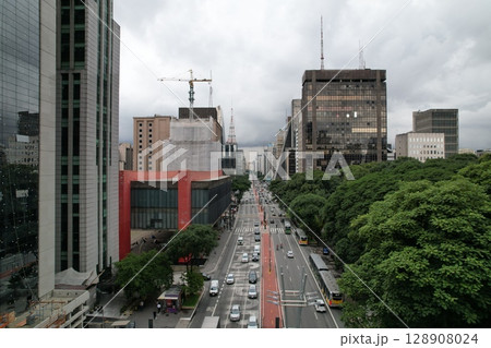 Cityscape view of Sao Paulo featuring urban buildings and cloudy skies 128908024