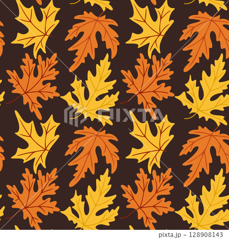 Hand drawn vector seamless pattern of orange and yellow autumn maple leaves on a dark background Hand drawn vector seamless pattern of orange and yellow autumn maple leaves on a dark background 128908143