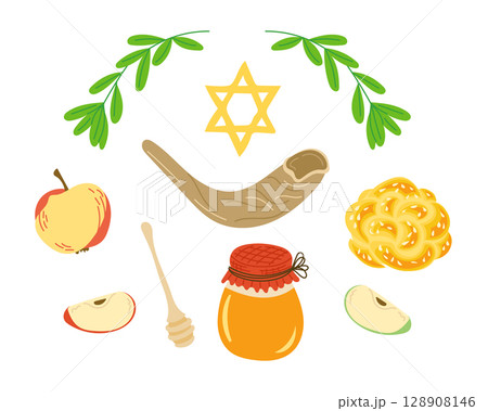 Hand drawn vector set of Rosh Hashanah symbols including shofar, honey, apple, challah, Star of David and leaves 128908146