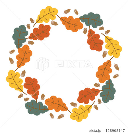 Hand drawn vector wreath made of colorful oak leaves and acorns forming a circular frame on white background Hand drawn vector wreath made of colorful oak leaves and acorns forming a circular frame on white background 128908147