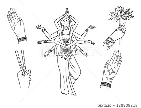 Hand drawn vector illustration of Indian goddess with multiple arms and symbolic hand gestures holding lotus and dandiya sticks 128908218