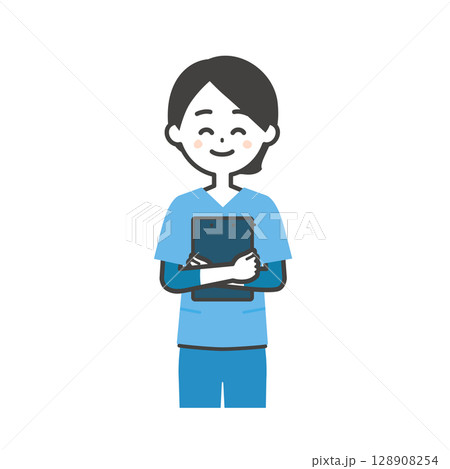 バインダーを抱えるスクラブ姿の笑顔の女性イラスト バインダーを抱えるスクラブ姿の笑顔の女性イラスト 128908254