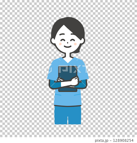 圖:一位身穿手術服、微笑、手拿活頁夾的女士 圖:一位身穿手術服、微笑、手拿活頁夾的女士 128908254