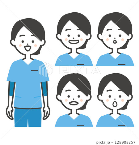 スクラブ姿の女性あいうえおの口の形イラスト スクラブ姿の女性あいうえおの口の形イラスト 128908257