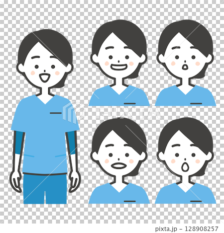 スクラブ姿の女性あいうえおの口の形イラスト スクラブ姿の女性あいうえおの口の形イラスト 128908257