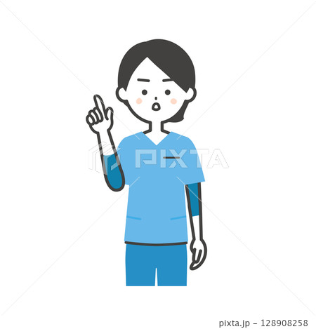 真剣な顔で指を立てるスクラブ姿の女性イラスト 真剣な顔で指を立てるスクラブ姿の女性イラスト 128908258