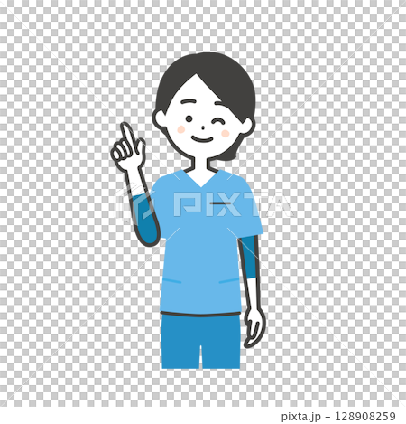 Illustration of a woman in a scrub winking and pointing up 128908259