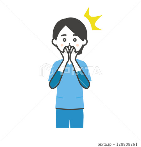 口を押えて驚くスクラブ姿の女性イラスト 128908261