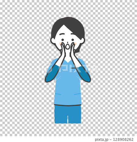 一位身穿手術服的女士用雙手摀住嘴巴打電話的插圖 128908262