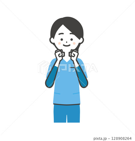 両手でガッツポーズをするスクラブ姿の女性イラスト 128908264