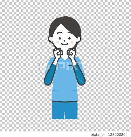 両手でガッツポーズをするスクラブ姿の女性イラスト 128908264