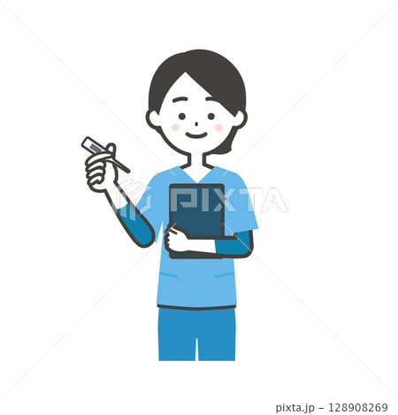 体温計を持つスクラブ姿の女性イラスト 128908269