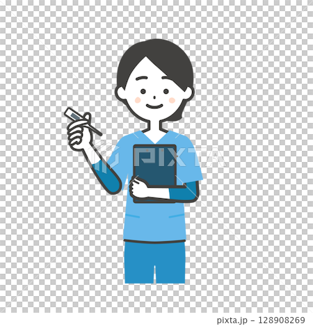 体温計を持つスクラブ姿の女性イラスト 128908269