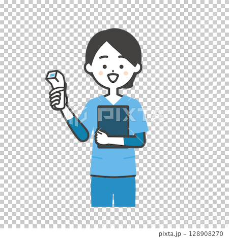 一位身穿工作服、手持溫度計的女士的插圖 128908270