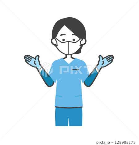 ゴム手袋とマスクをしたスクラブ姿の女性イラスト ゴム手袋とマスクをしたスクラブ姿の女性イラスト 128908275