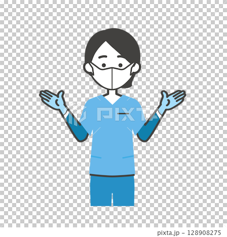 一名戴著橡膠手套和口罩並穿著手術服的婦女的插圖 128908275