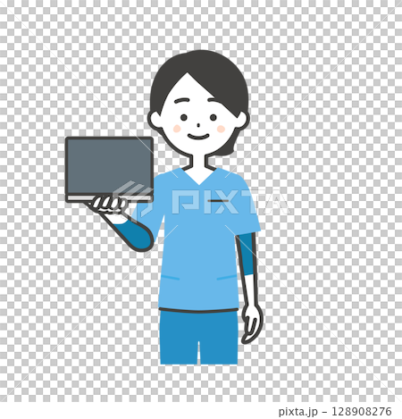 一位身穿工作服、手持筆記型電腦的女士的插圖 128908276