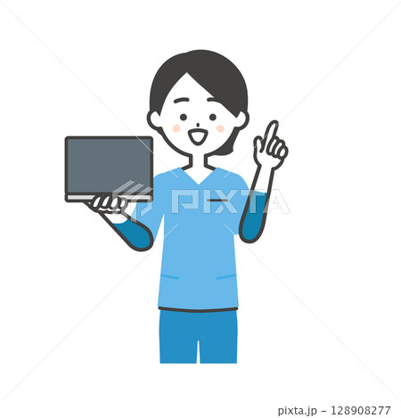 ノートパソコンを持って指を立てるスクラブ姿の女性イラスト 128908277