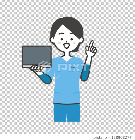 ノートパソコンを持って指を立てるスクラブ姿の女性イラスト 128908277