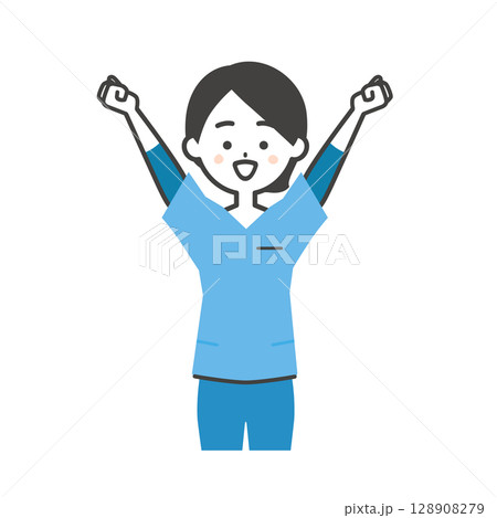 両手のこぶしを上げるスクラブ姿の女性イラスト 128908279